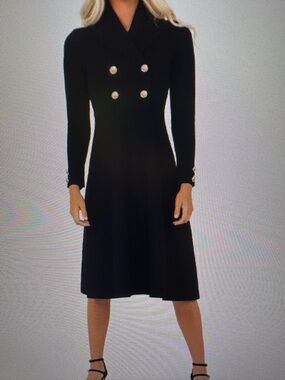 Double-Breasted Black Long-Sleeve Knit Dress with Gold Buttons